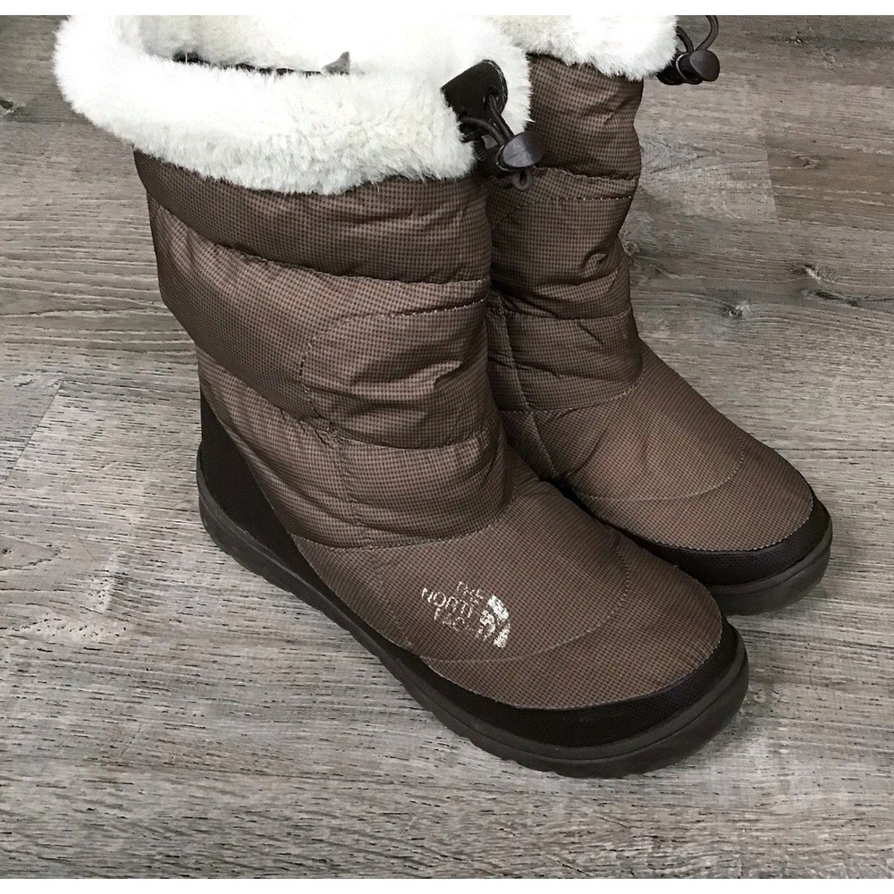 The North Face Womens Size 9 Nuptse Bootie Goose Down Brown Faux Fur Trim Boots